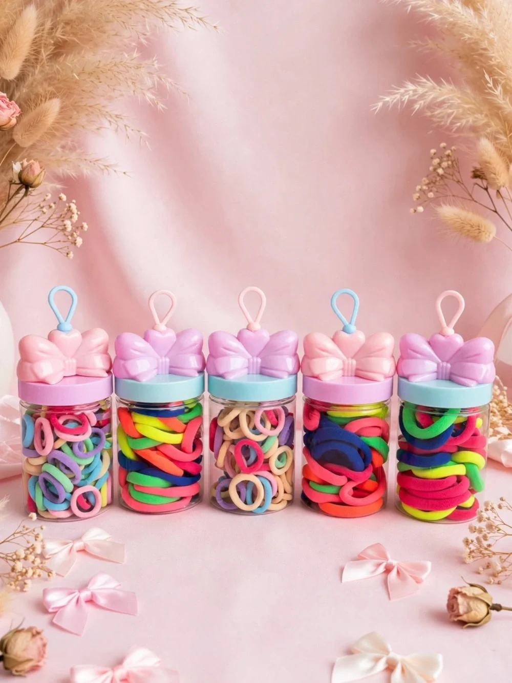 Kids Pastel Bow Hair Tie Set - Pink & Multicolor